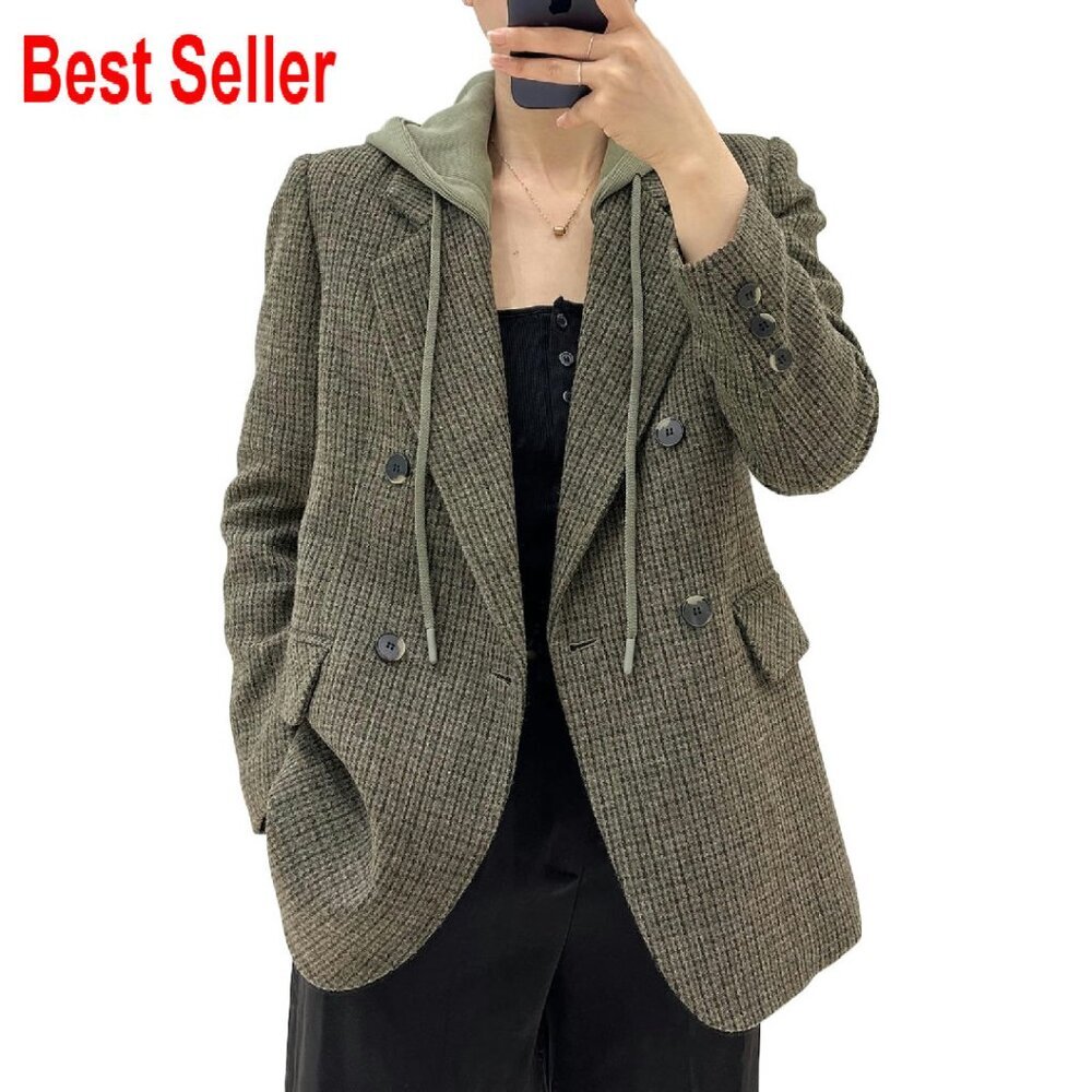 Oversized Tweed Blazer Hooded Double-Breasted Loose Fit Work Casual Chic